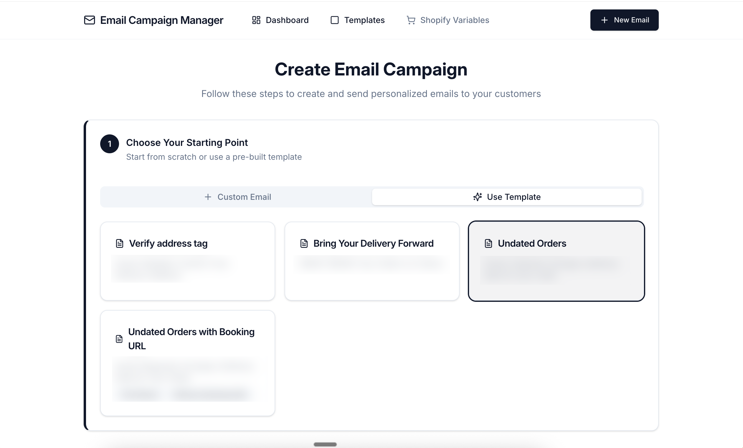 Email Campaign Manager showing template selection, email composition, and bulk send workflow (1/3)