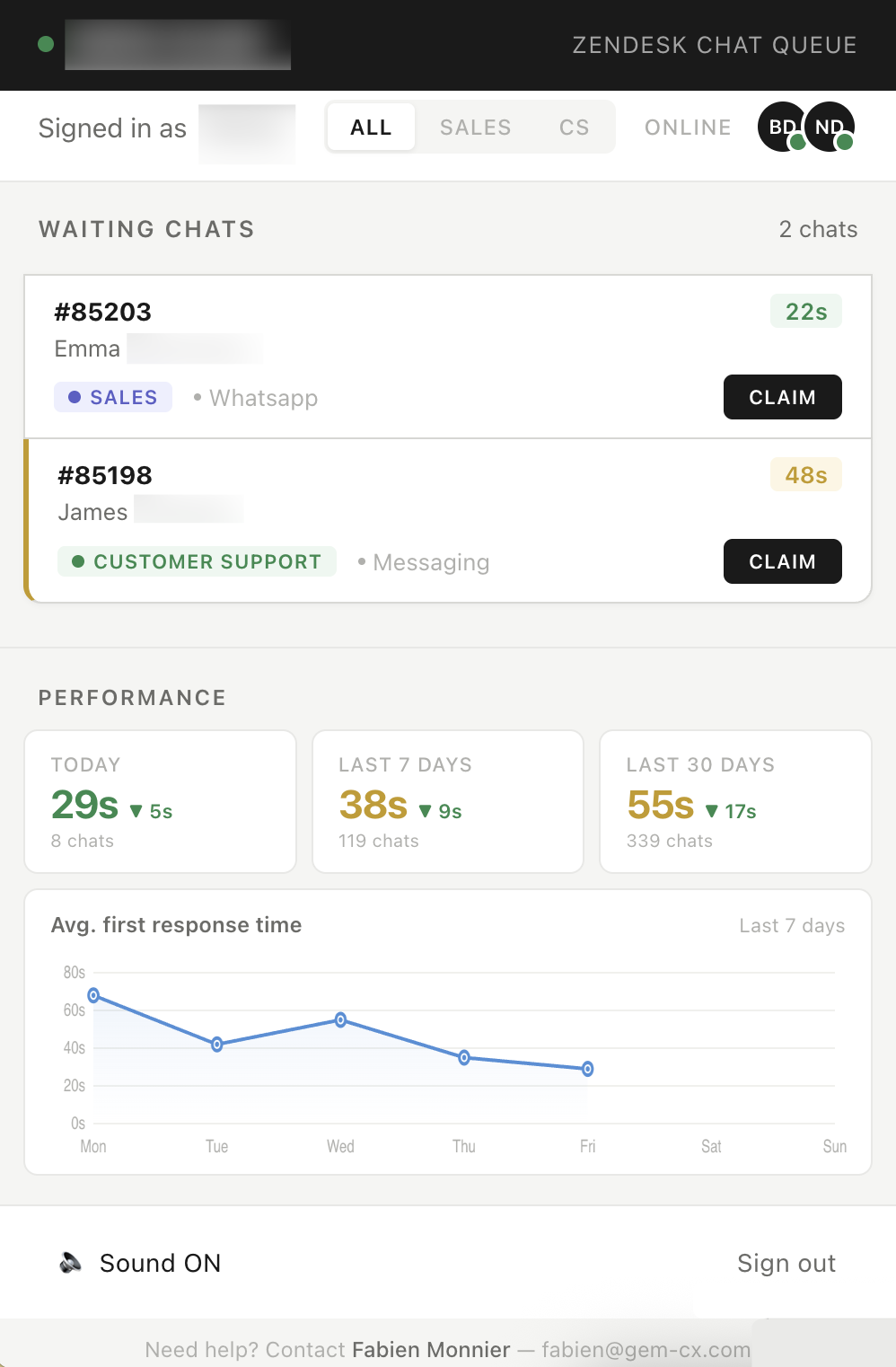 Chat Queue PWA showing the live queue with wait times, departments, and one-click claim buttons